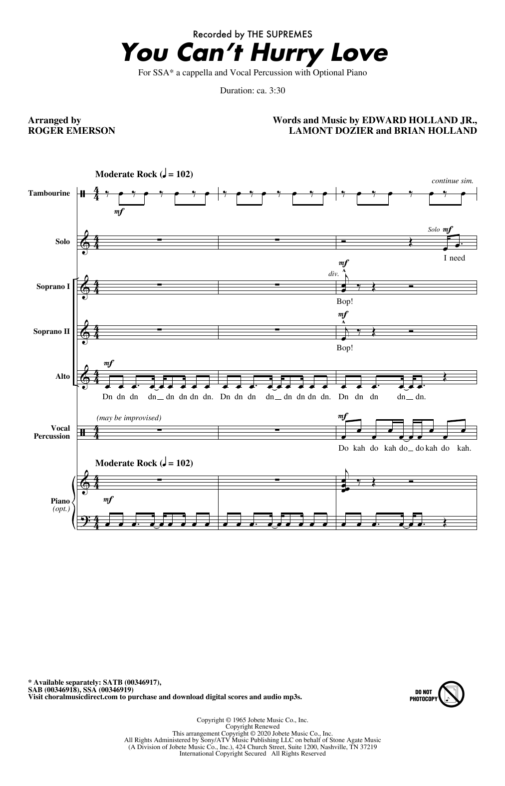 The Supremes You Can't Hurry Love (arr. Roger Emerson) sheet music notes and chords arranged for SATB Choir