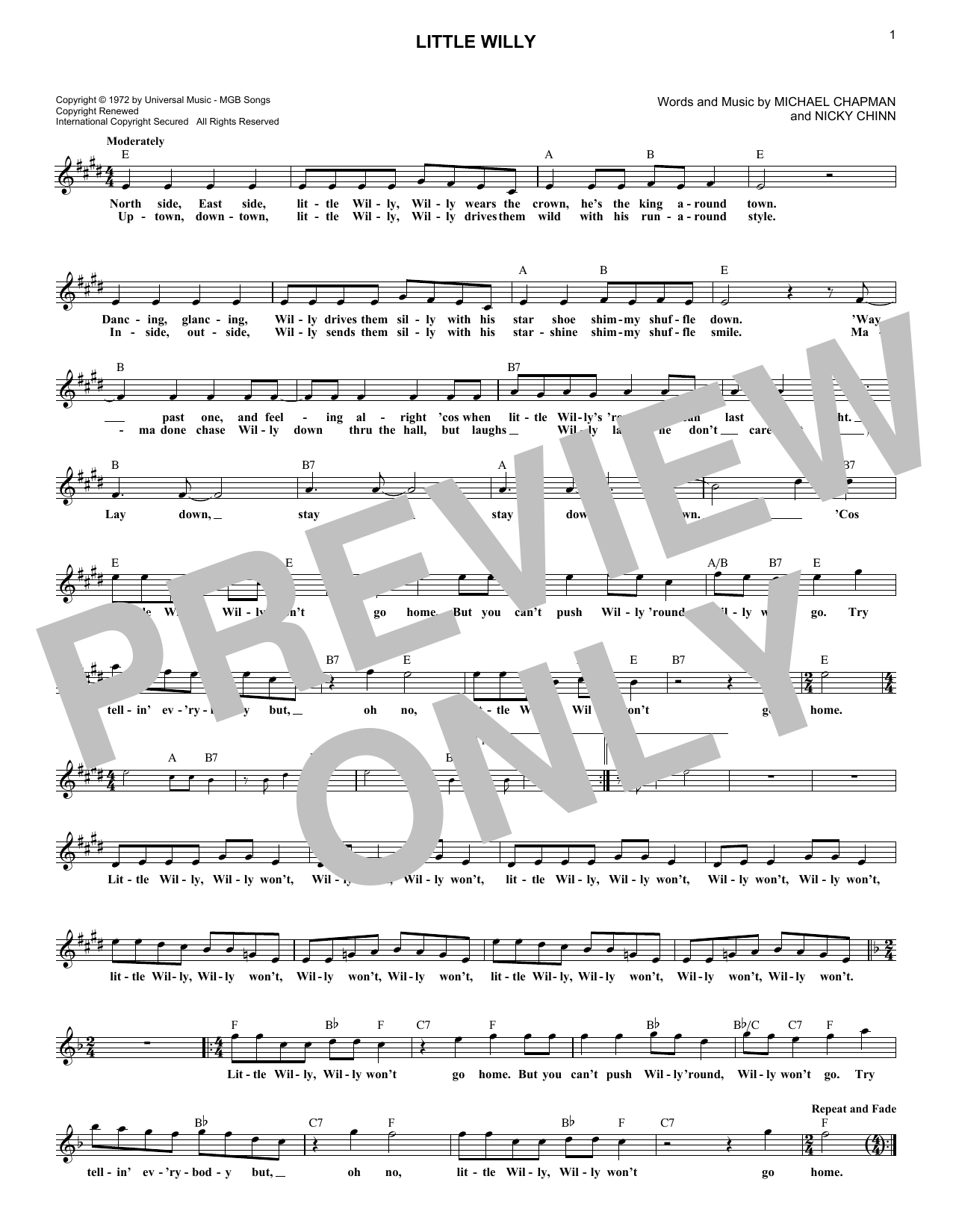The Sweet Little Willy sheet music notes and chords arranged for Lead Sheet / Fake Book