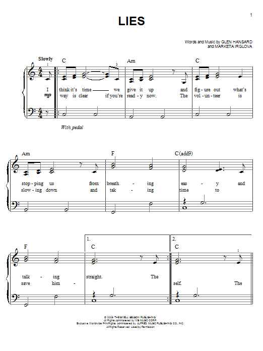 The Swell Season Lies sheet music notes and chords arranged for Easy Guitar Tab