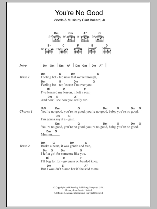 The Swinging Blue Jeans You're No Good sheet music notes and chords arranged for Guitar Chords/Lyrics
