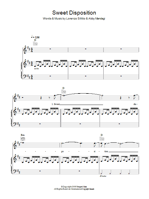 The Temper Trap Sweet Disposition sheet music notes and chords arranged for Piano, Vocal & Guitar Chords