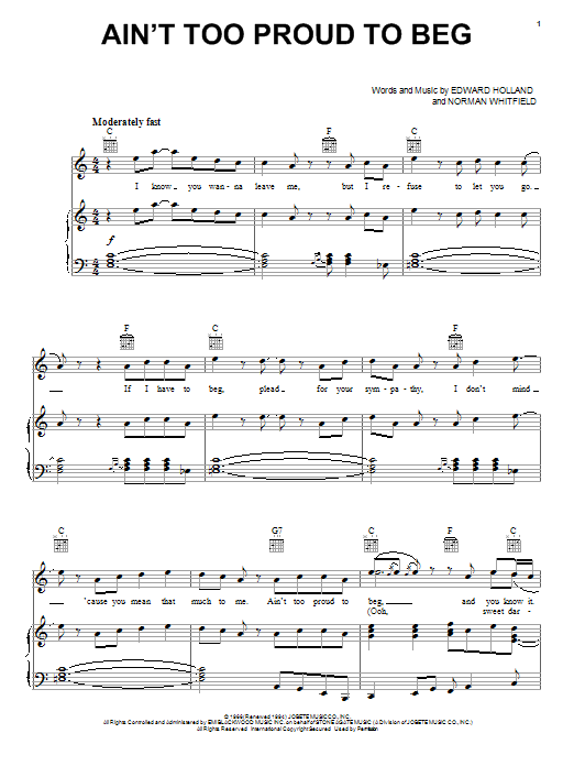 The Temptations Ain't Too Proud To Beg sheet music notes and chords arranged for Easy Bass Tab