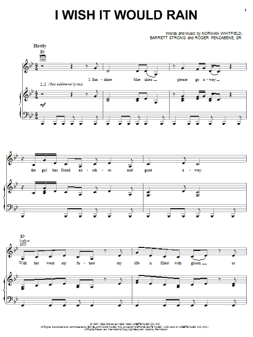 The Temptations I Wish It Would Rain sheet music notes and chords arranged for Piano, Vocal & Guitar Chords (Right-Hand Melody)