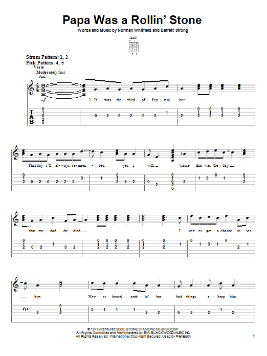 The Temptations Papa Was A Rollin' Stone sheet music notes and chords arranged for Cello Solo