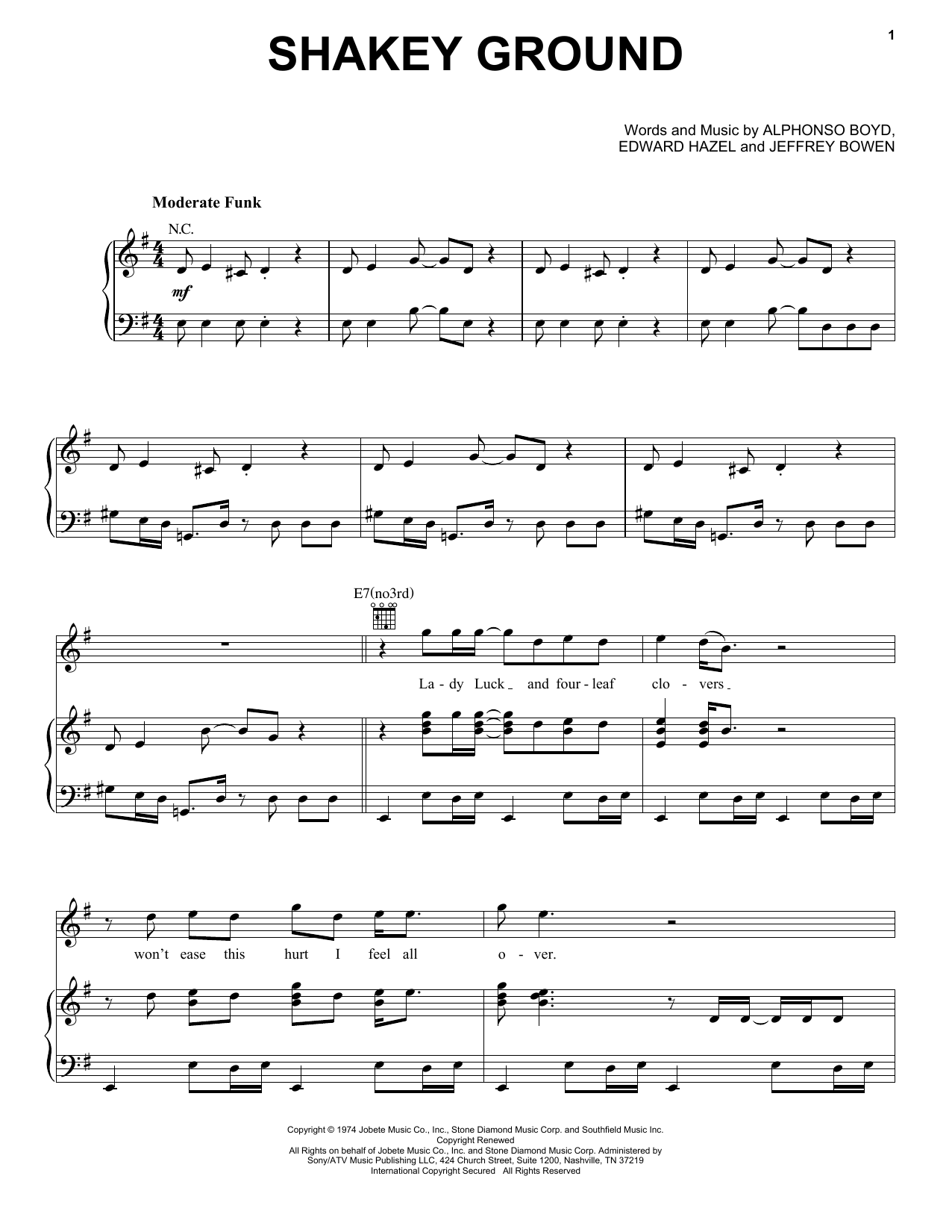The Temptations Shakey Ground sheet music notes and chords arranged for Piano, Vocal & Guitar Chords (Right-Hand Melody)