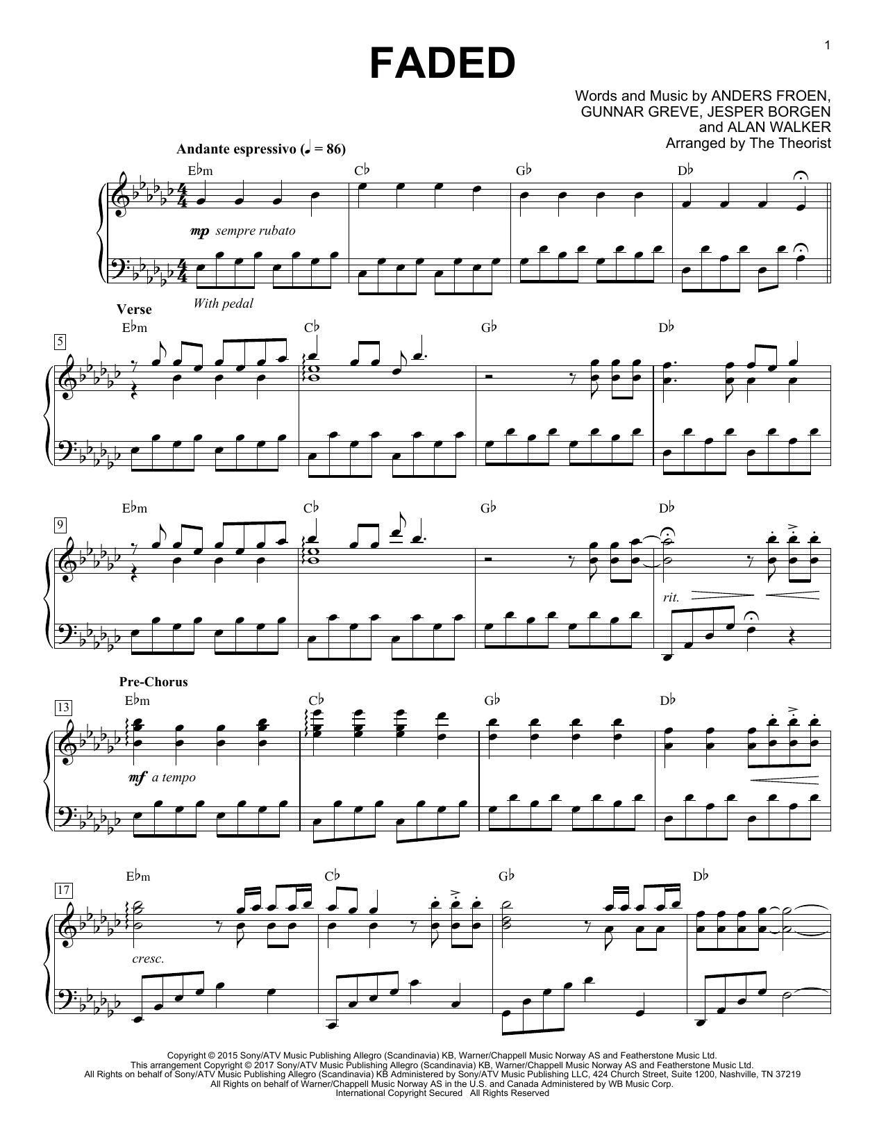 The Theorist Faded sheet music notes and chords arranged for Piano Solo