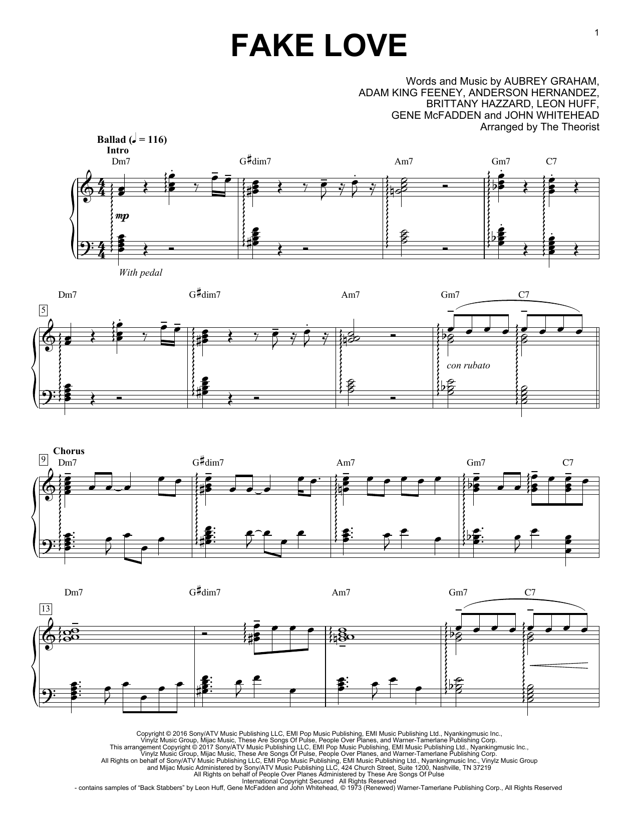 The Theorist Fake Love sheet music notes and chords arranged for Piano Solo