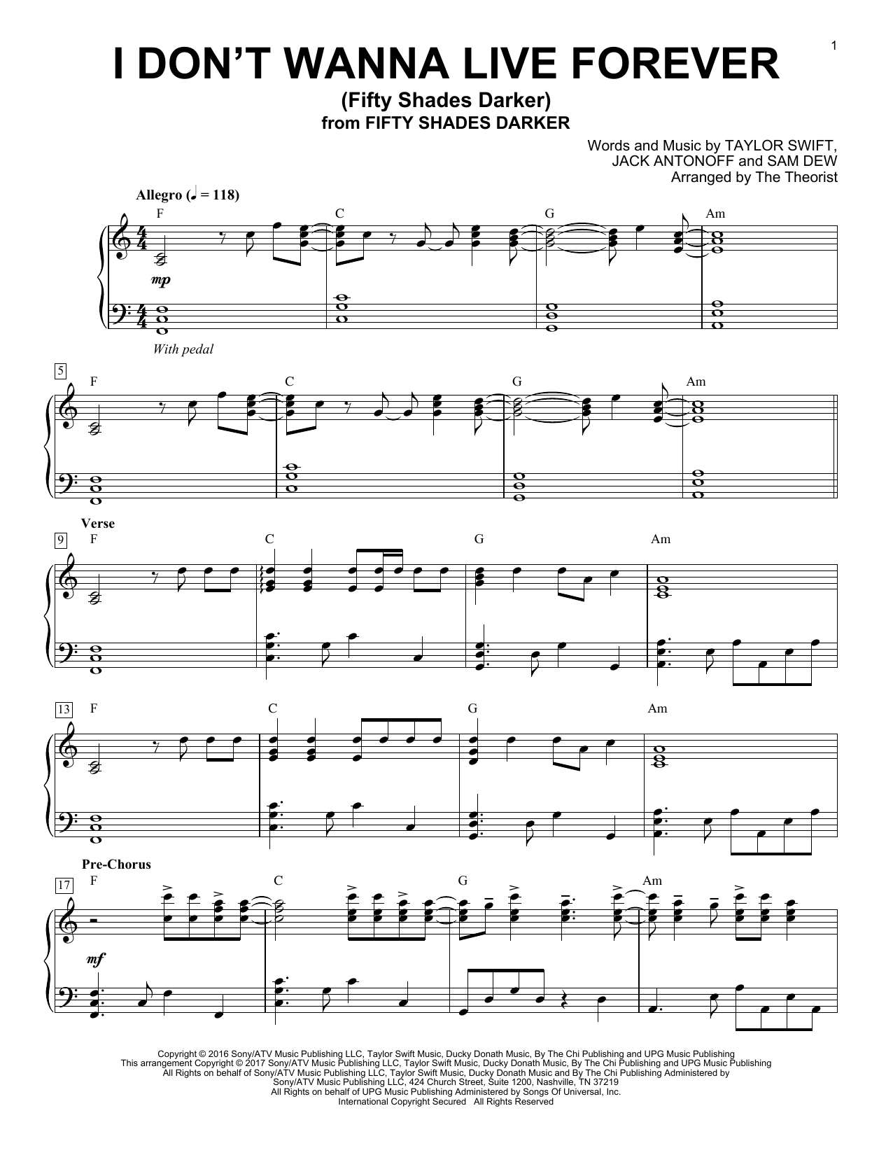 The Theorist I Don't Wanna Live Forever (Fifty Shades Darker) sheet music notes and chords arranged for Piano Solo