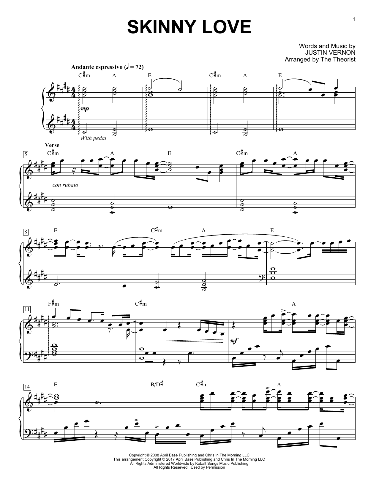 The Theorist Skinny Love sheet music notes and chords arranged for Piano Solo