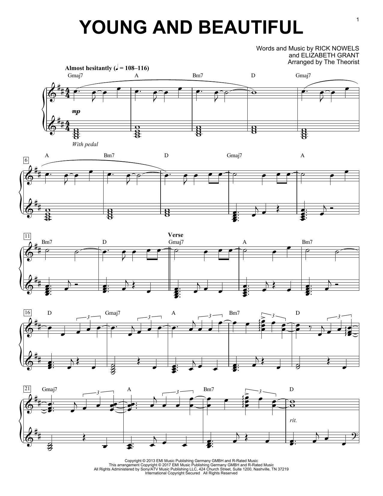 The Theorist Young And Beautiful sheet music notes and chords arranged for Piano Solo