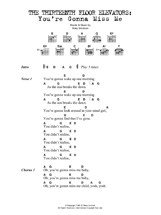 The Thirteenth Floor Elevators You're Gonna Miss Me sheet music notes and chords arranged for Ukulele