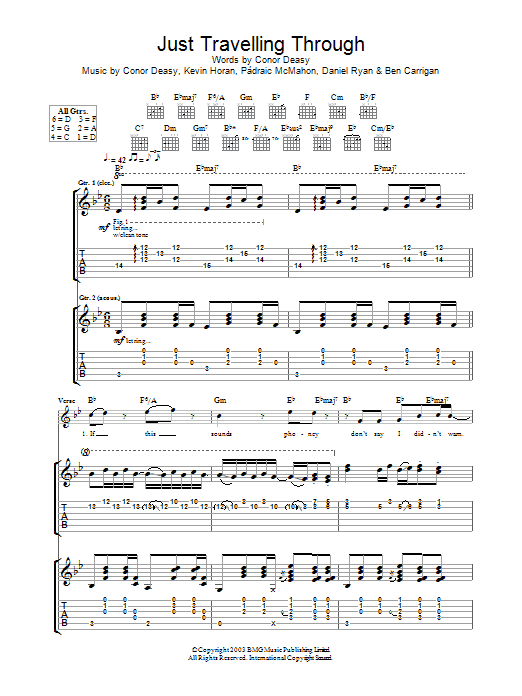 The Thrills Just Travelling Through sheet music notes and chords arranged for Guitar Tab
