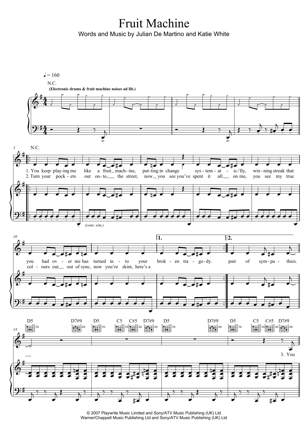 The Ting Tings Fruit Machine sheet music notes and chords arranged for Piano, Vocal & Guitar Chords (Right-Hand Melody)