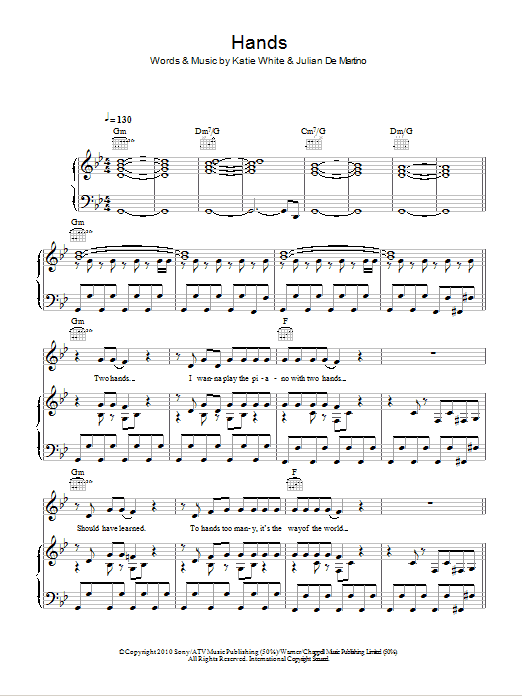 The Ting Tings Hands sheet music notes and chords arranged for Piano, Vocal & Guitar Chords