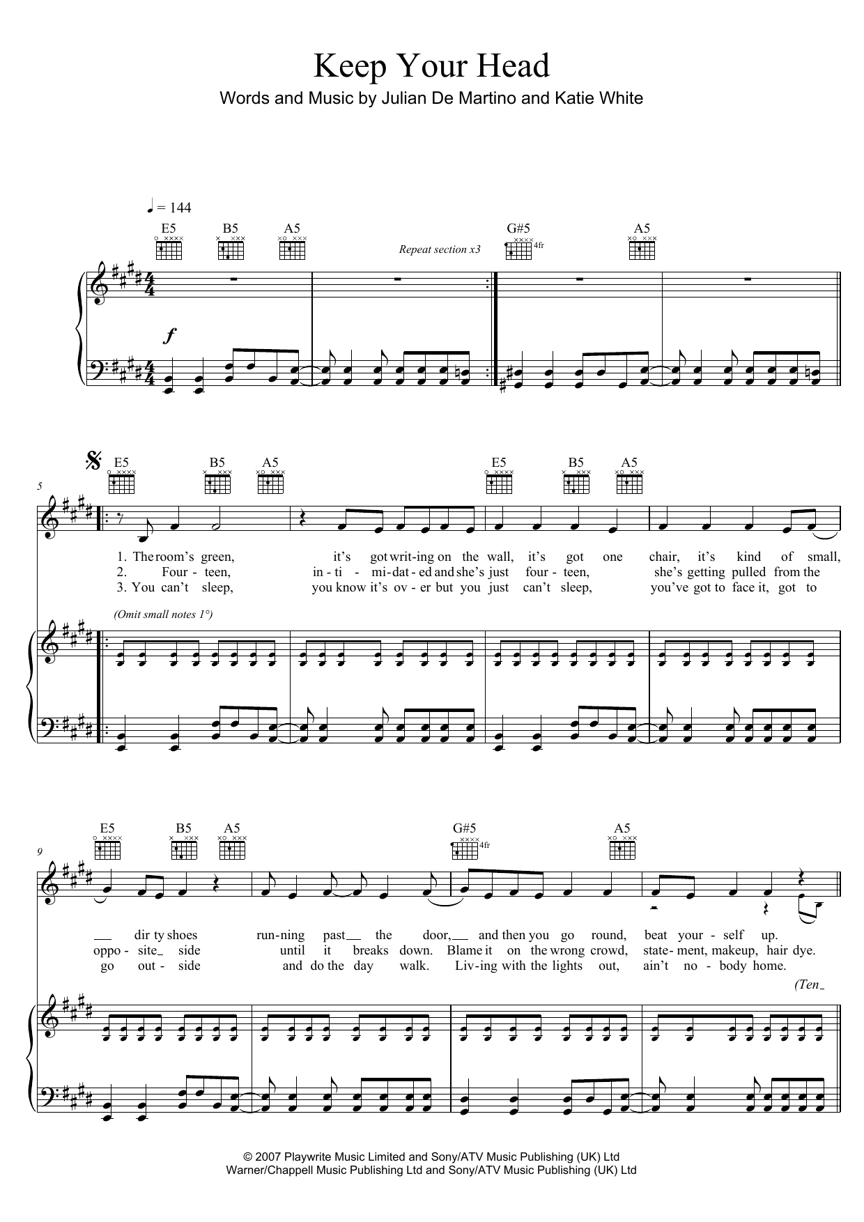 The Ting Tings Keep Your Head sheet music notes and chords arranged for Piano, Vocal & Guitar Chords (Right-Hand Melody)