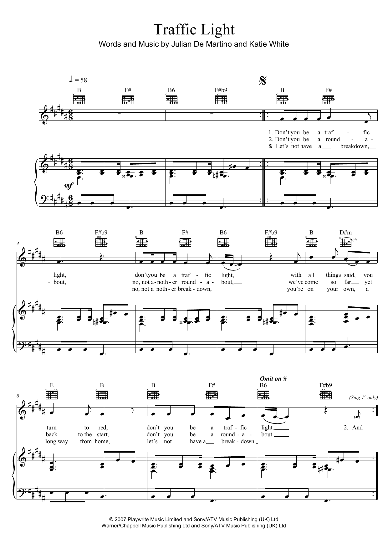 The Ting Tings Traffic Light sheet music notes and chords arranged for Piano, Vocal & Guitar Chords (Right-Hand Melody)