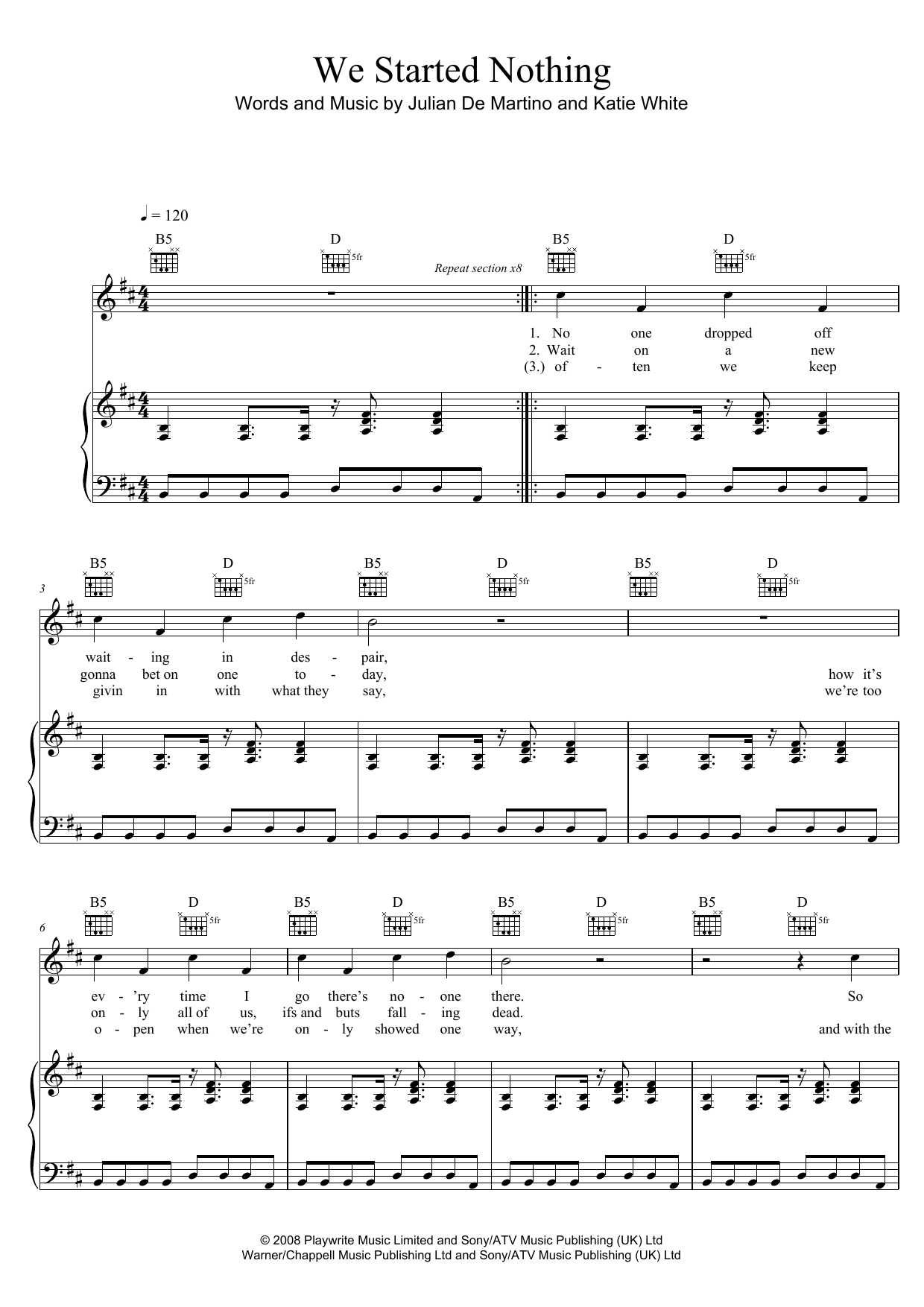 The Ting Tings We Started Nothing sheet music notes and chords arranged for Piano, Vocal & Guitar Chords (Right-Hand Melody)