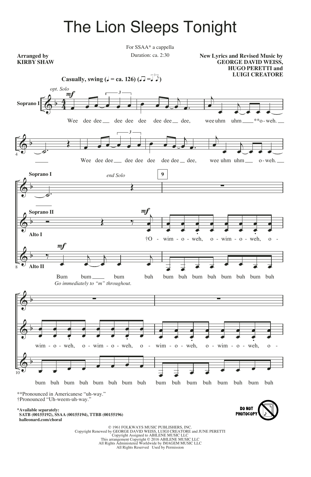The Tokens The Lion Sleeps Tonight (arr. Kirby Shaw) sheet music notes and chords arranged for SSAA Choir