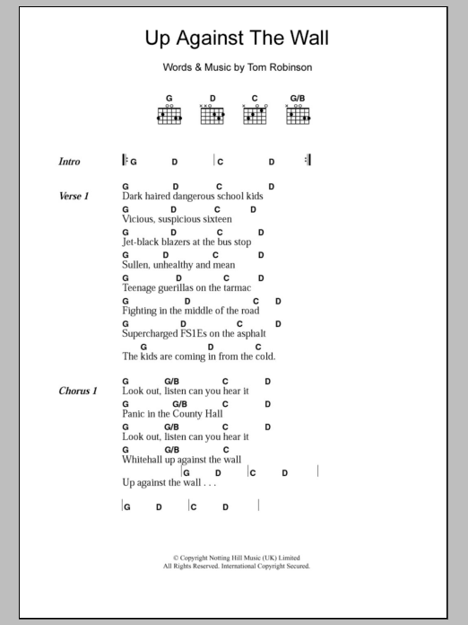 The Tom Robinson Band Up Against The Wall sheet music notes and chords arranged for Guitar Chords/Lyrics
