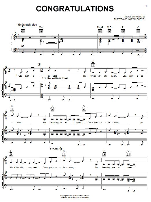 The Traveling Wilburys Congratulations sheet music notes and chords arranged for Piano, Vocal & Guitar Chords (Right-Hand Melody)