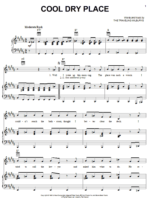 The Traveling Wilburys Cool Dry Place sheet music notes and chords arranged for Piano, Vocal & Guitar Chords (Right-Hand Melody)