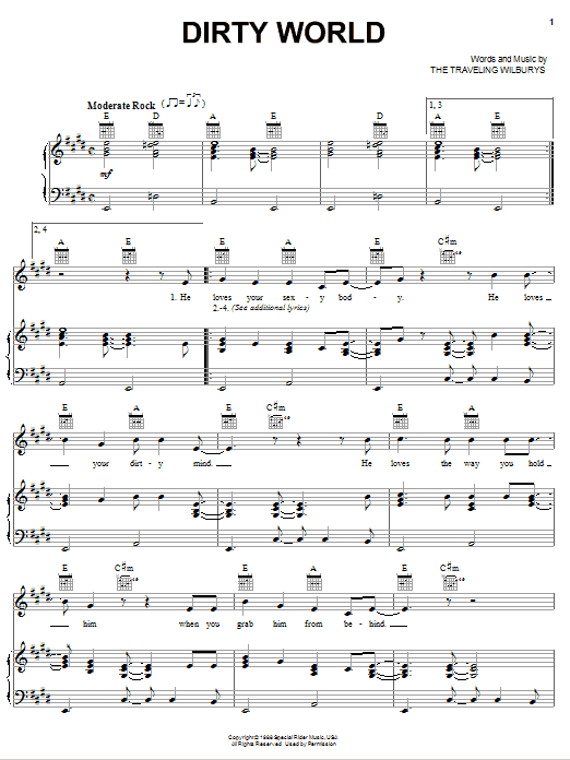 The Traveling Wilburys Dirty World sheet music notes and chords arranged for Piano, Vocal & Guitar Chords (Right-Hand Melody)