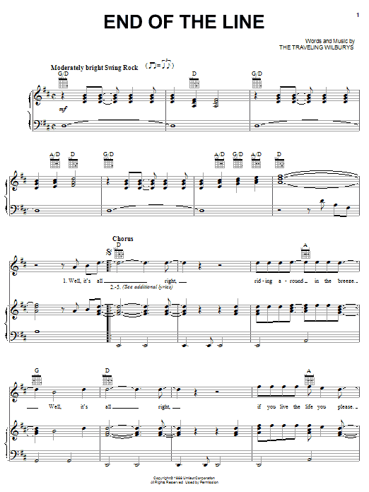 The Traveling Wilburys End Of The Line sheet music notes and chords arranged for Piano, Vocal & Guitar Chords (Right-Hand Melody)