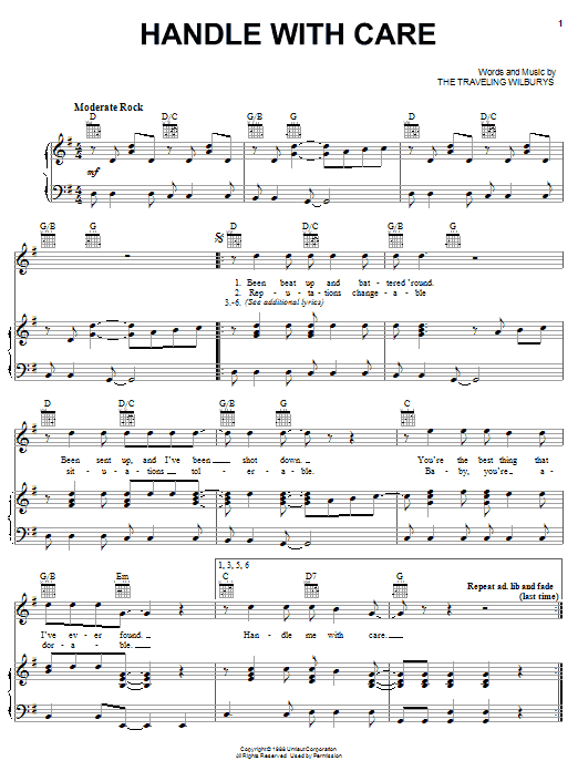 The Traveling Wilburys Handle With Care sheet music notes and chords arranged for Guitar Chords/Lyrics