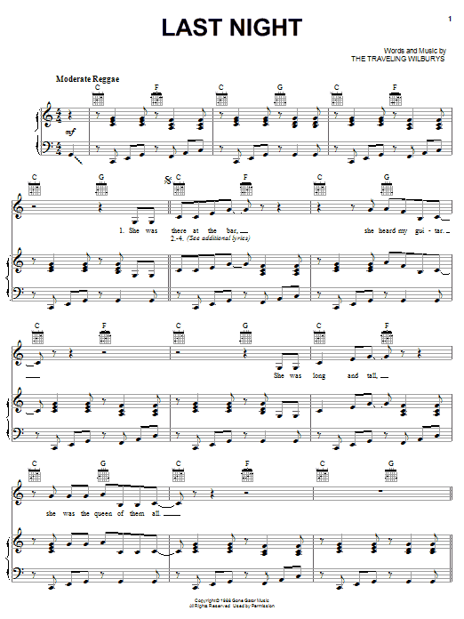 The Traveling Wilburys Last Night sheet music notes and chords arranged for Piano, Vocal & Guitar Chords (Right-Hand Melody)