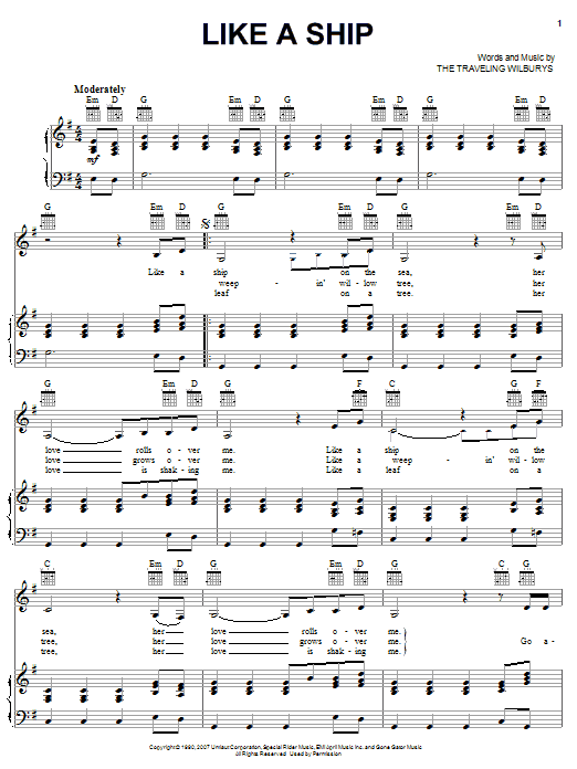 The Traveling Wilburys Like A Ship sheet music notes and chords arranged for Piano, Vocal & Guitar Chords (Right-Hand Melody)