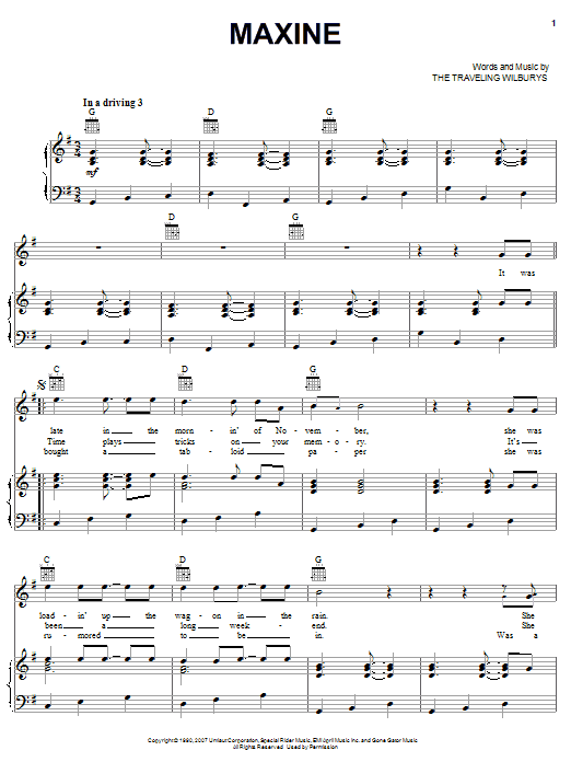 The Traveling Wilburys Maxine sheet music notes and chords arranged for Piano, Vocal & Guitar Chords (Right-Hand Melody)