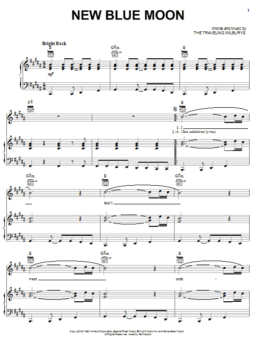 The Traveling Wilburys New Blue Moon sheet music notes and chords arranged for Piano, Vocal & Guitar Chords (Right-Hand Melody)