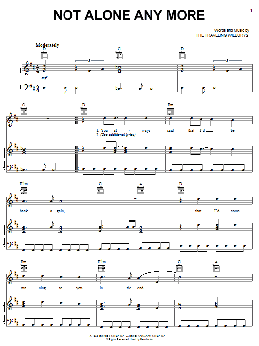 The Traveling Wilburys Not Alone Any More sheet music notes and chords arranged for Piano, Vocal & Guitar Chords (Right-Hand Melody)