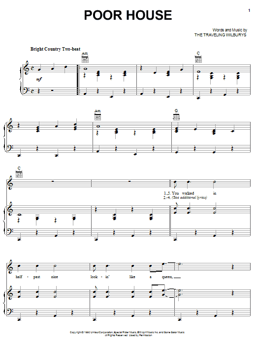 The Traveling Wilburys Poor House sheet music notes and chords arranged for Piano, Vocal & Guitar Chords (Right-Hand Melody)