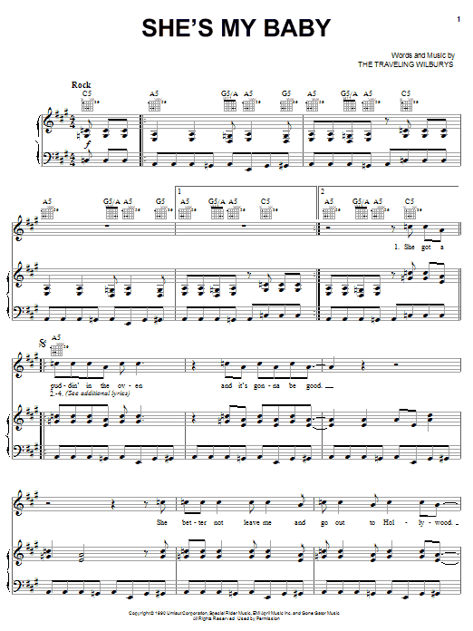 The Traveling Wilburys She's My Baby sheet music notes and chords arranged for Piano, Vocal & Guitar Chords (Right-Hand Melody)