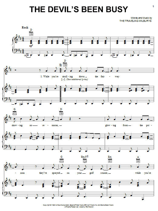 The Traveling Wilburys The Devil's Been Busy sheet music notes and chords arranged for Piano, Vocal & Guitar Chords (Right-Hand Melody)