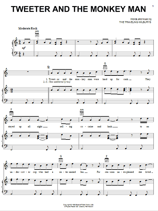 The Traveling Wilburys Tweeter And The Monkey Man sheet music notes and chords arranged for Piano, Vocal & Guitar Chords (Right-Hand Melody)
