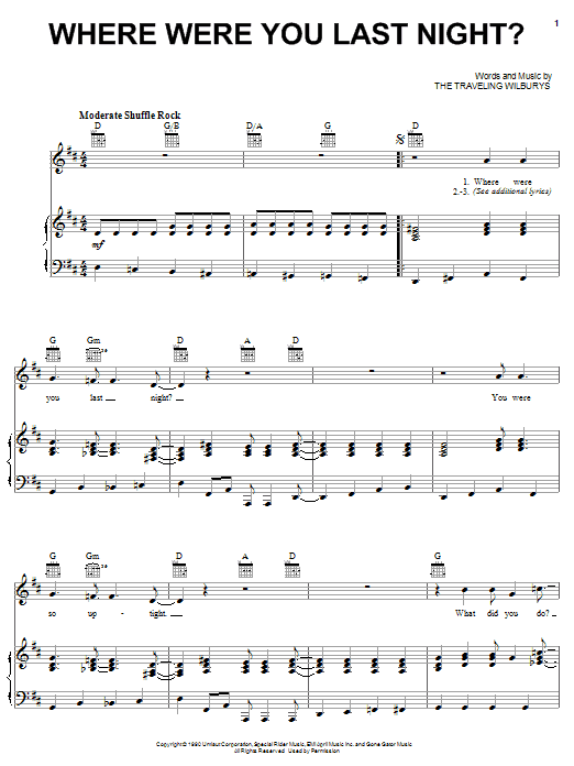 The Traveling Wilburys Where Were You Last Night? sheet music notes and chords arranged for Piano, Vocal & Guitar Chords (Right-Hand Melody)