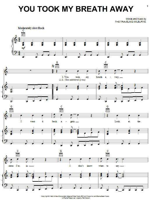 The Traveling Wilburys You Took My Breath Away sheet music notes and chords arranged for Piano, Vocal & Guitar Chords (Right-Hand Melody)