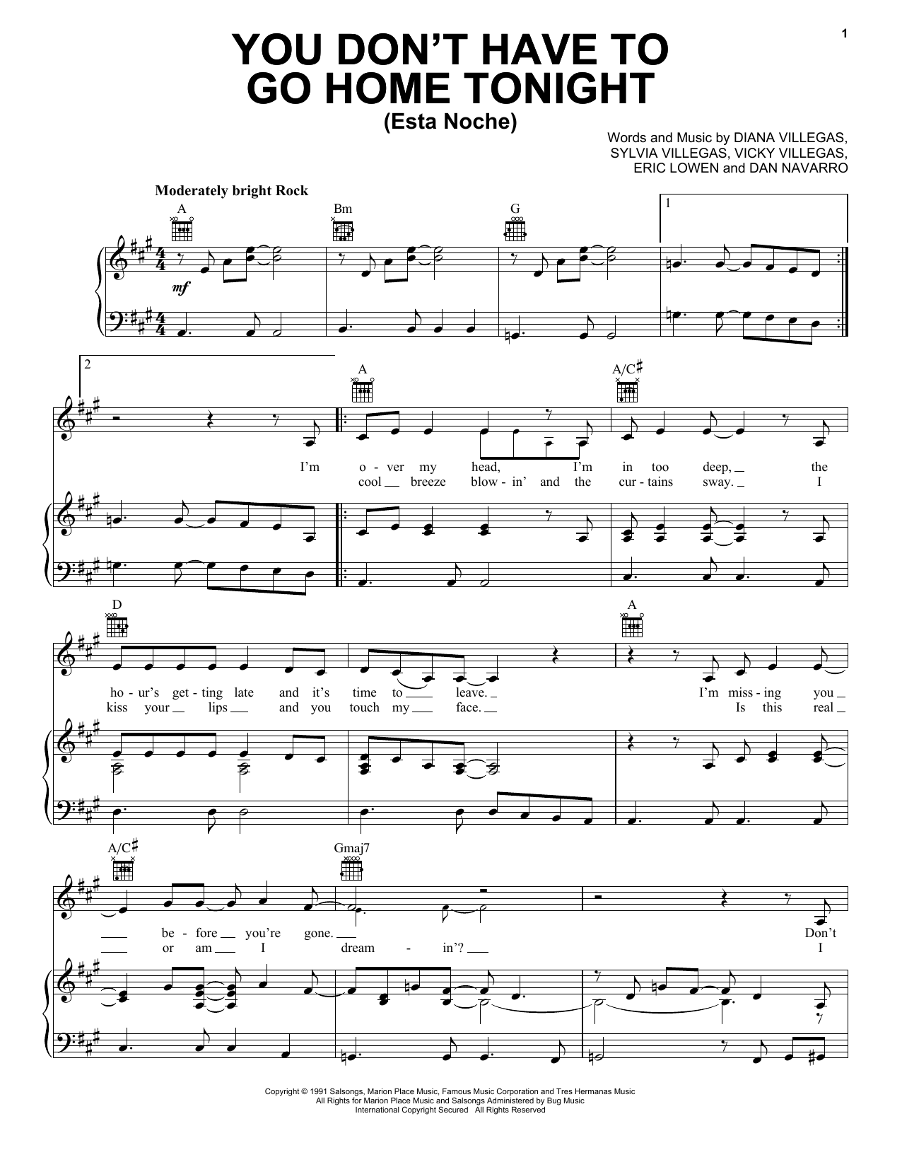 The Triplets You Don't Have To Go Home Tonight (Esta Noche) sheet music notes and chords arranged for Piano, Vocal & Guitar Chords (Right-Hand Melody)