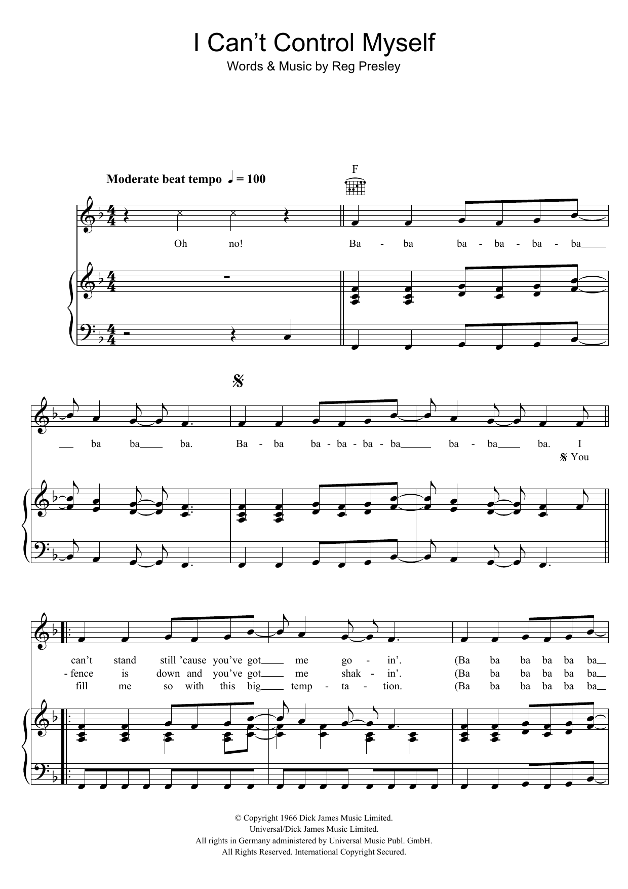 The Troggs I Can't Control Myself sheet music notes and chords arranged for Piano, Vocal & Guitar Chords