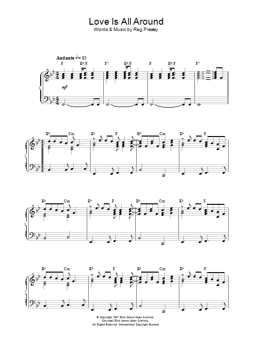 The Troggs Love Is All Around sheet music notes and chords arranged for Piano, Vocal & Guitar Chords (Right-Hand Melody)