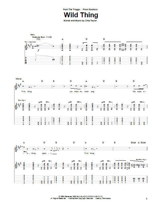 The Troggs Wild Thing sheet music notes and chords arranged for Guitar Tab