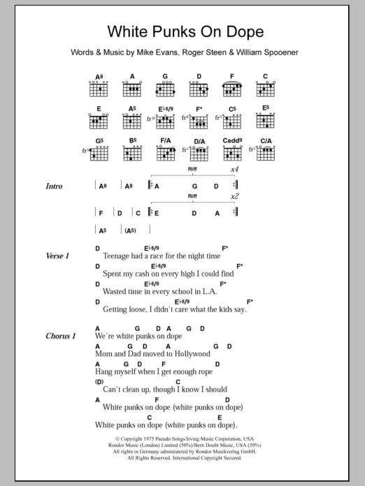 The Tubes White Punks On Dope sheet music notes and chords arranged for Guitar Chords/Lyrics