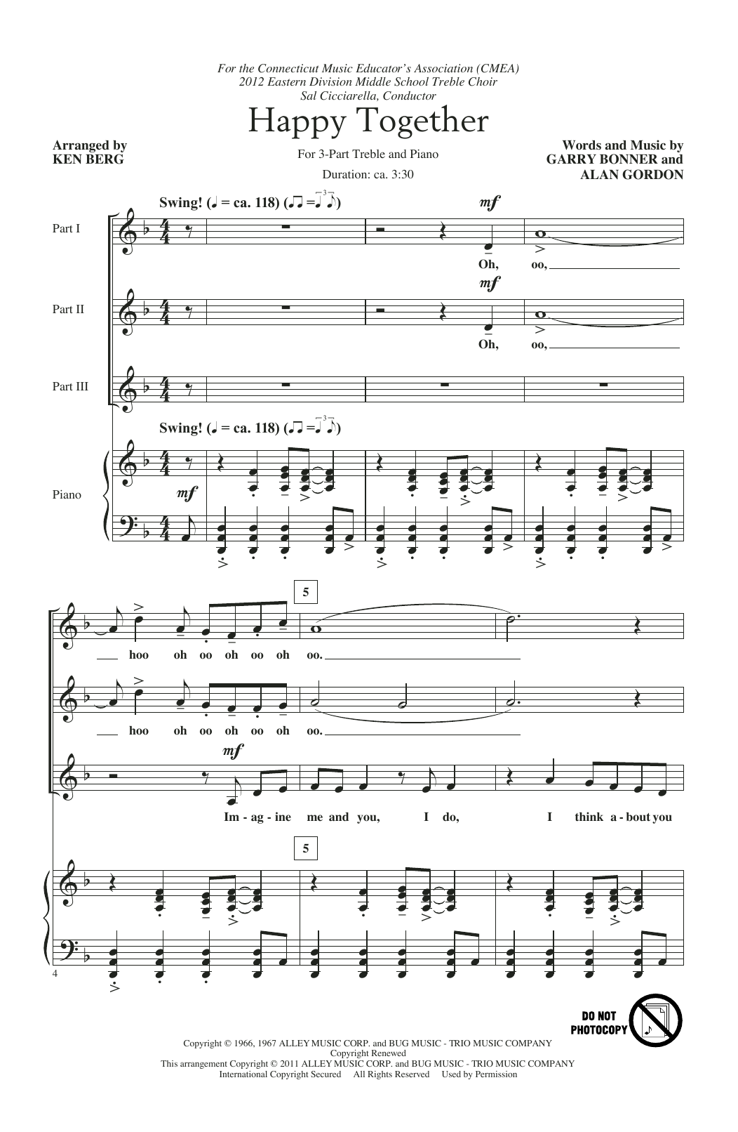 The Turtles Happy Together (arr. Ken Berg) sheet music notes and chords arranged for 3-Part Treble Choir