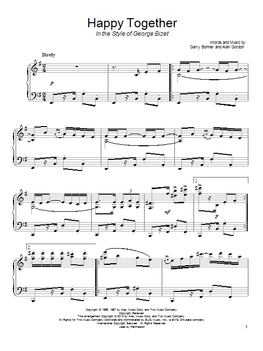 The Turtles Happy Together (in the style of George Bizet) sheet music notes and chords arranged for Piano Solo