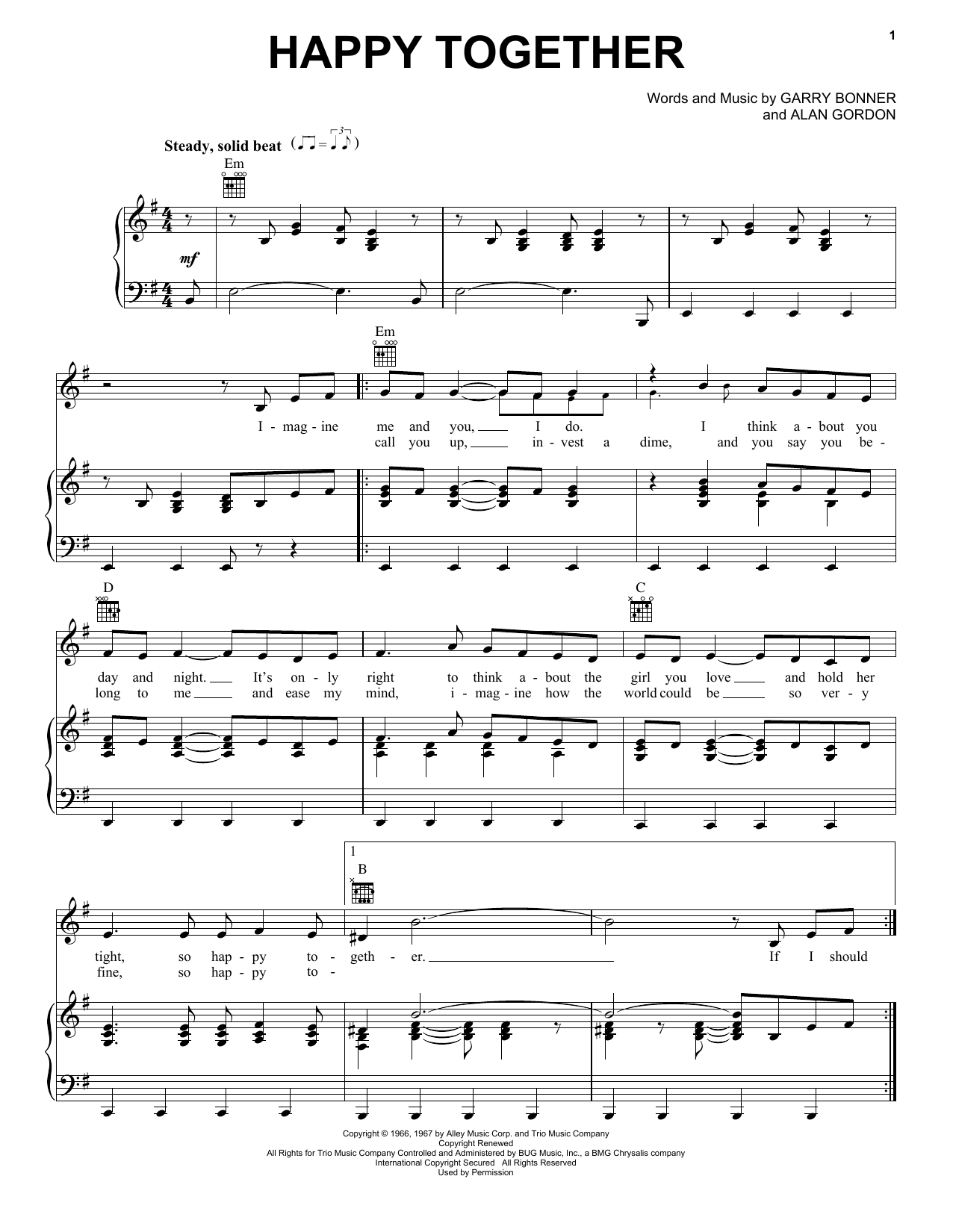 The Turtles Happy Together sheet music notes and chords arranged for Clarinet Solo