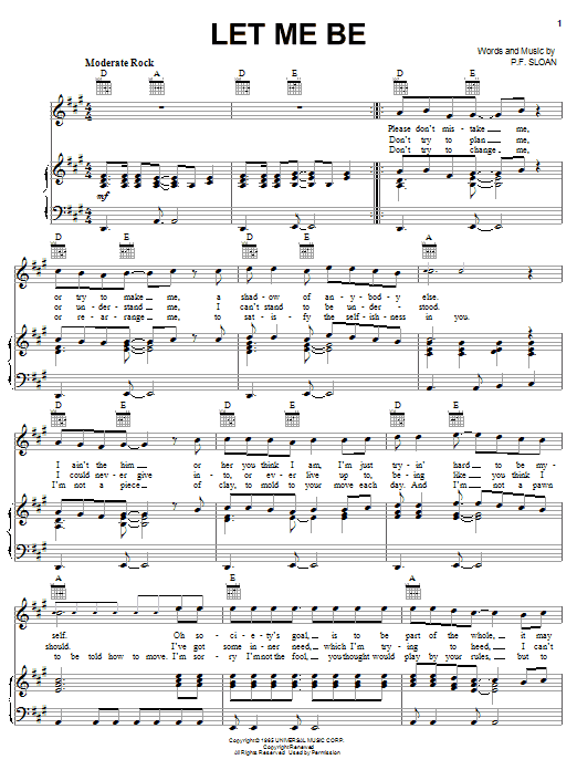 The Turtles Let Me Be sheet music notes and chords arranged for Piano, Vocal & Guitar Chords (Right-Hand Melody)