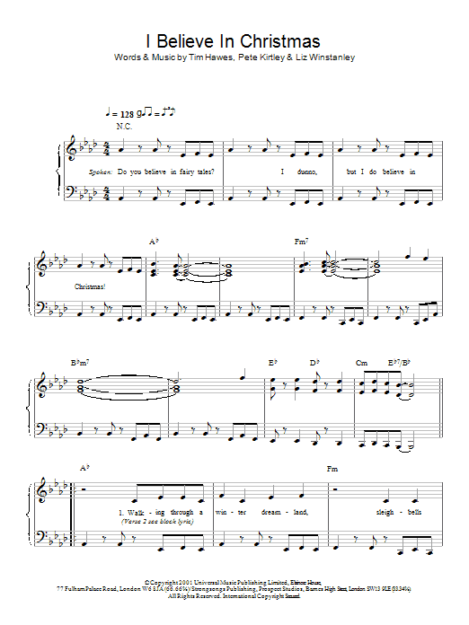 The Tweenies I Believe In Christmas sheet music notes and chords arranged for Piano, Vocal & Guitar Chords