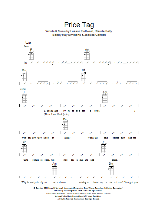 The Ukuleles Price Tag sheet music notes and chords arranged for Ukulele Chords/Lyrics